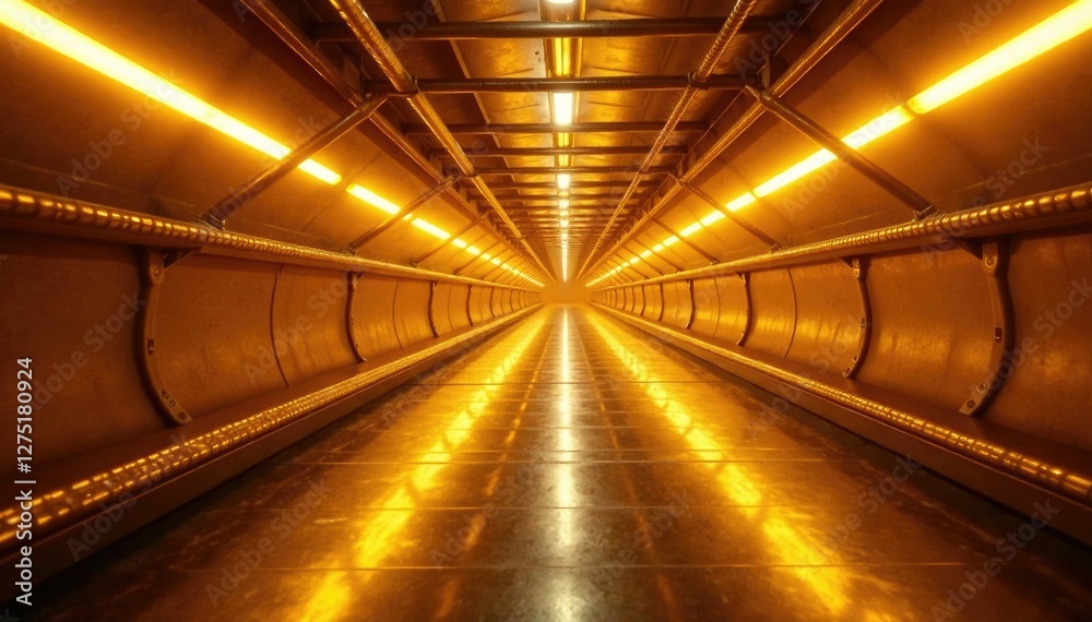 Fototapeta premium Horizontal gold tube background lit from overhead, metal, beam