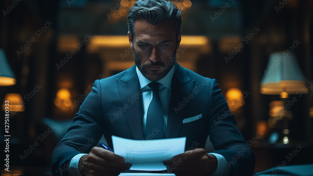 Fototapeta premium Focused Executive: A sharply dressed executive, engrossed in reviewing documents, embodies dedication and intellect in a sophisticated office setting, radiating an air of professional precision.