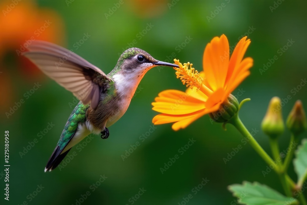 Fototapeta premium Hummingbird sipping nectar from a bright orange flower in a lush garden, garden, nature