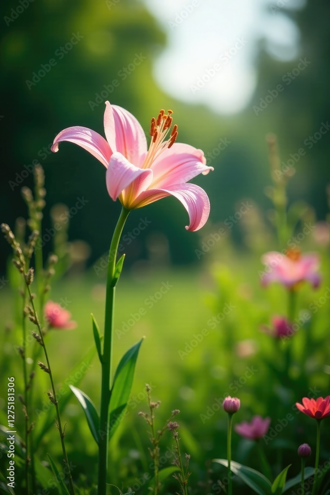 Light pink lily growing in a lush garden with tall grasses and wildflowers, nature, greenery, blossoms