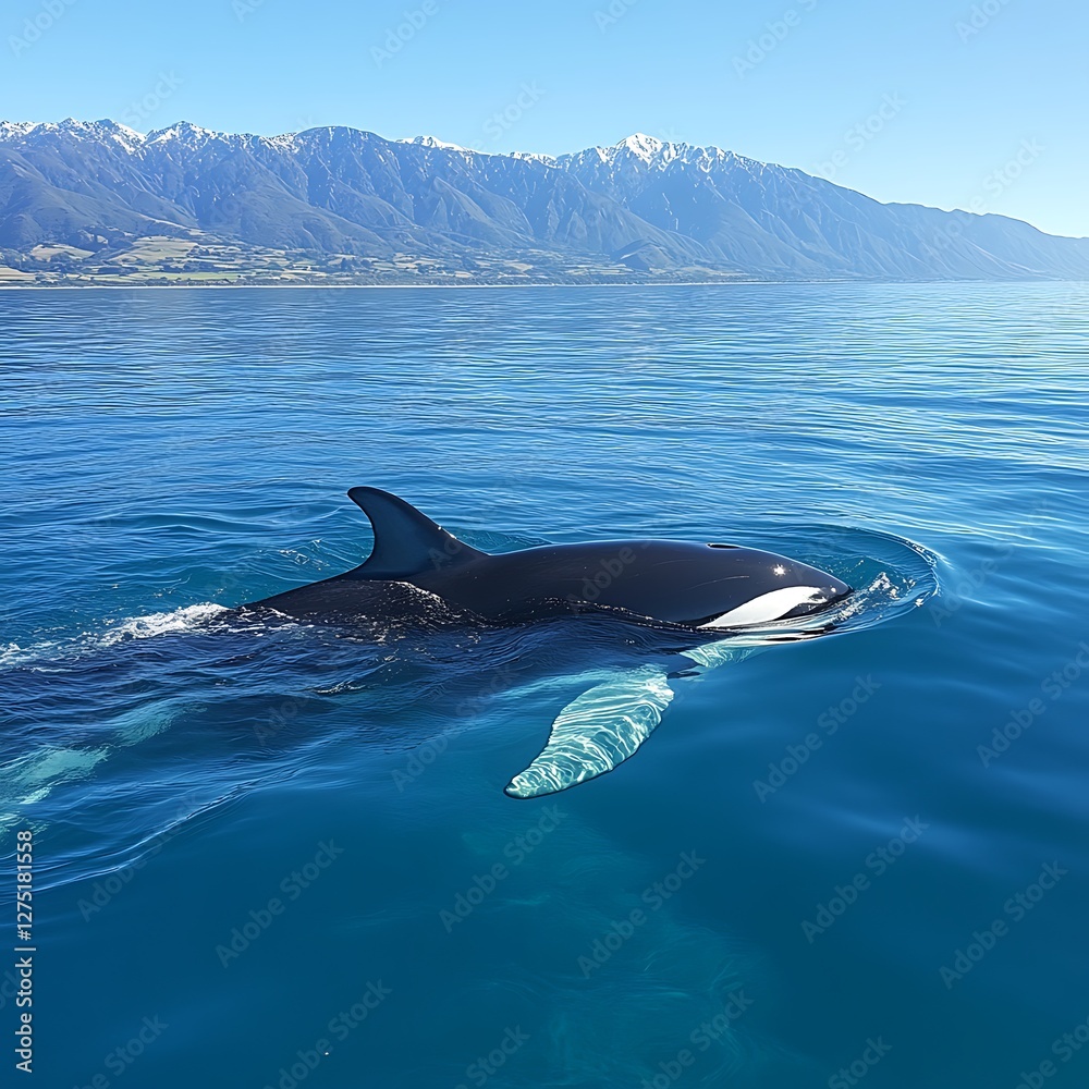 Fototapeta premium Orca swimming, mountain backdrop, ocean wildlife