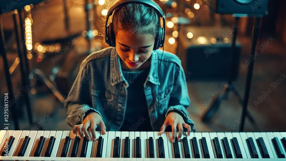 Girl playing piano and singing in a cozy studio filled with warm lights, Adorable girl musician singing song playing piano keyboard at music studio