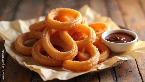 Golden fried spiral churros served with dark chocolate dip. Delicious crunchy traditional spanish dessert with sugar on rustic wooden table, tasty pastry for comfort food lovers.