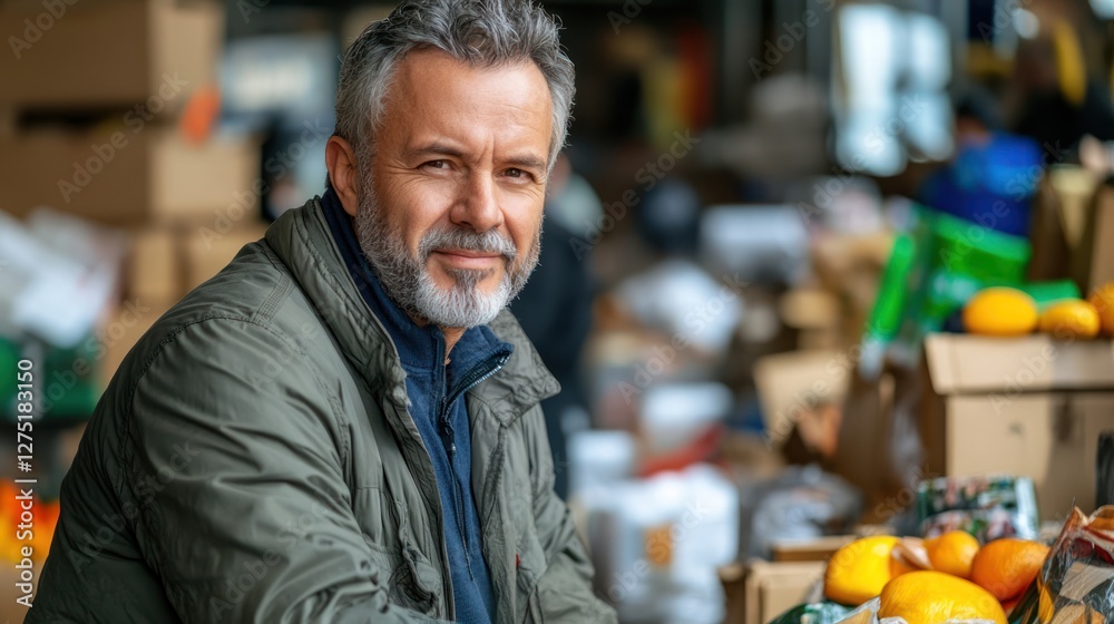 Obraz premium Mature man smiling at market, produce background