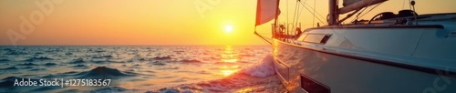 Silvery light reflects off the sailboat's hull as morning sun rises over the horizon, silver, sun