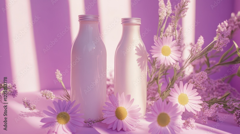 Two glass milk bottles surrounded by daisies on a pastel purple background with soft lighting Two glass milk bottles surrounded by daisies on a pastel purple background with soft lighting