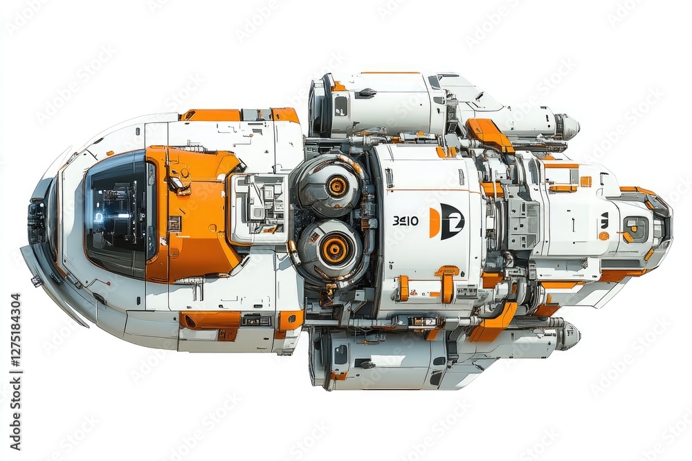 Futuristic Spaceship Top View, Isolated on White Background