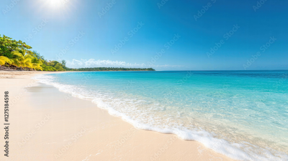 A serene beach scene featuring soft white sand, clear turquoise waters, and a bright blue sky, perfect for relaxation and escape. A serene beach scene featuring soft white sand, clear turquoise waters, and a bright blue sky, perfect for relaxation and escape.