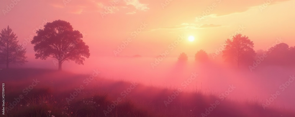 Fototapeta premium Pinkish orange mist on a cloudy summer morning, orange haze, pink mist