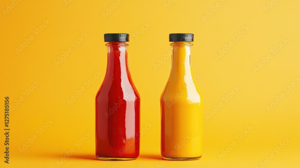 Two Bottles of Sauce on Yellow Background Two Bottles of Sauce on Yellow Background