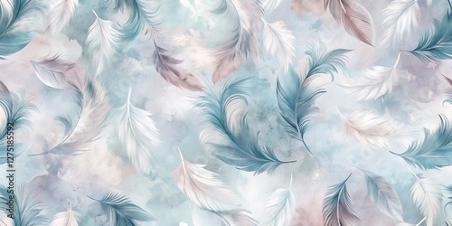 Serene Watercolor Feathers Drifting on a Pastel Sky, a Dreamlike Design for Elegant Decor