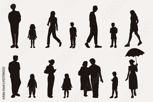 flat people silhouette male and female vector illustration in spring summer clothing concept isolated shadow set collection. For architecture rendering, design, info graphic, media