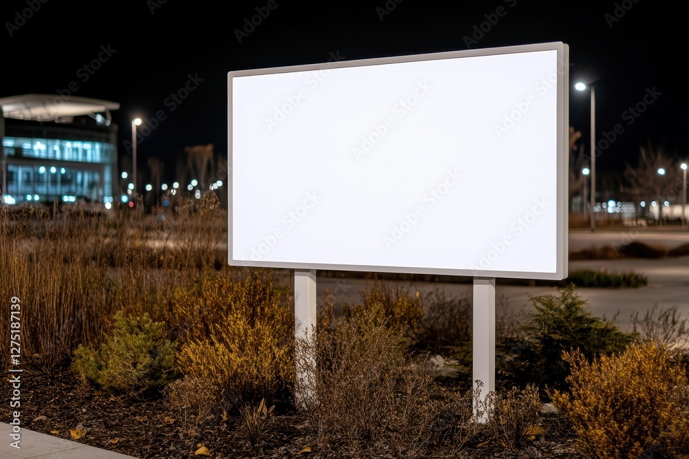 Fototapeta premium Blank Billboard Illuminates the Night, Offering Prime Advertising Space Near a Modern Office Building