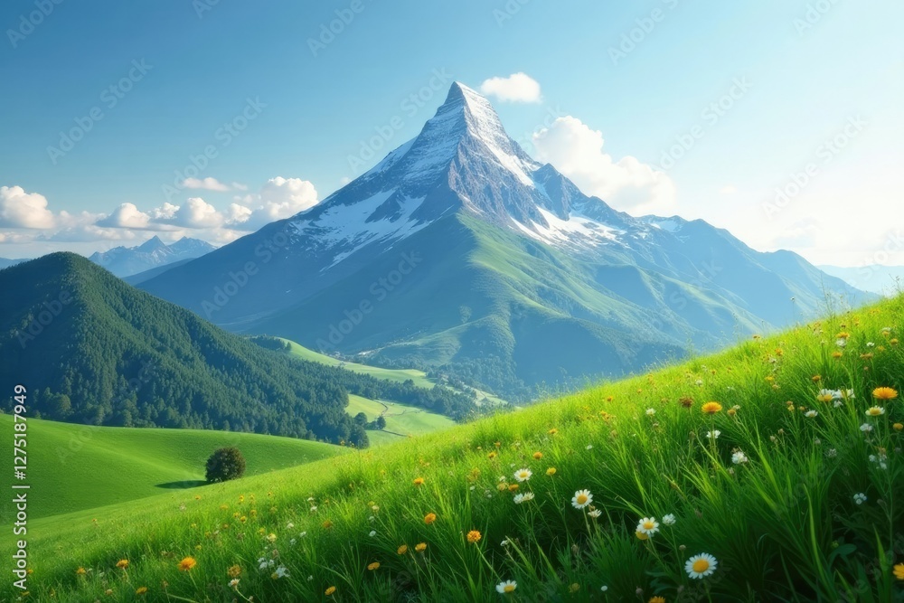 Fototapeta premium Serene mountain peak rises above gentle hills, grassy, peaceful