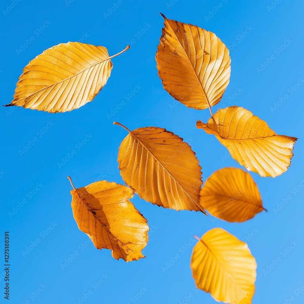 Fototapeta premium Floating Golden Autumn Leaves Against A Bright Blue Sky