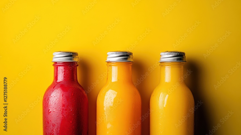Three colorful juice bottles lined up against a vibrant yellow background, showcasing freshness Three colorful juice bottles lined up against a vibrant yellow background, showcasing freshness