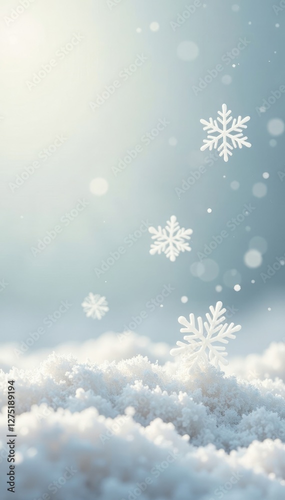 Snowflakes gently falling on a textured white wool background, pure, gentle Snowflakes gently falling on a textured white wool background, pure, gentle