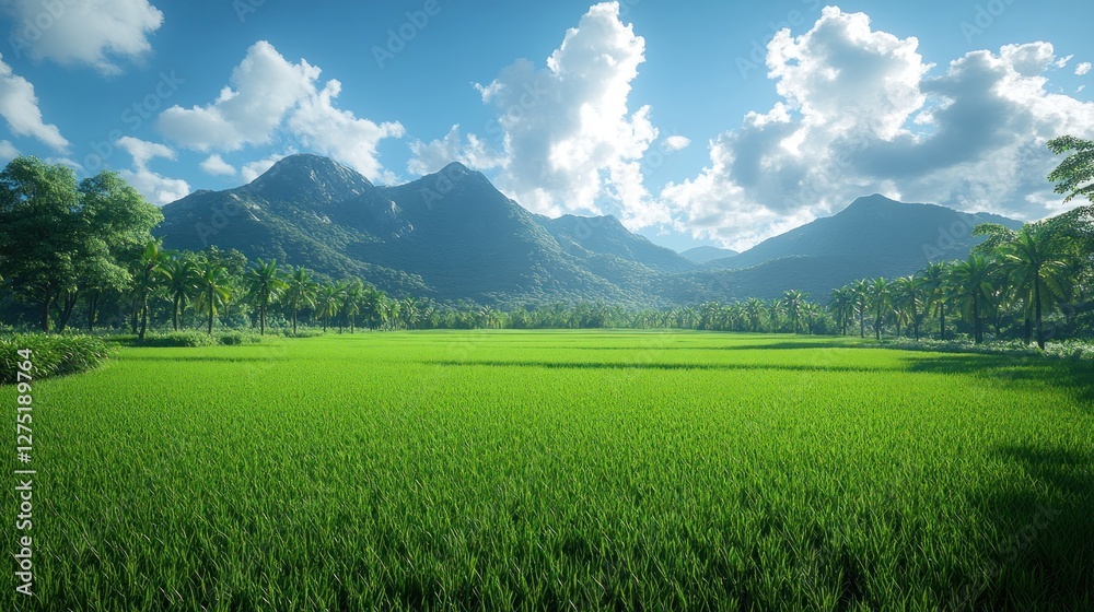 Fototapeta premium Lush rice paddy valley under sunny sky