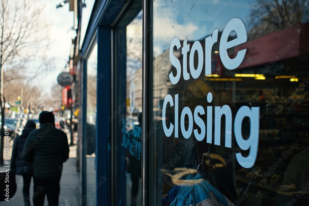 Fototapeta premium A retail store’s windows are covered with “Store Closing” signs as customers flock to buy discounted items