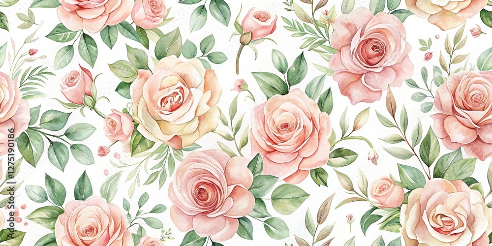 A Delicate Watercolor Seamless Pattern Featuring Lush Pink Roses and Greenery, Perfect for Elegant Designs and Romantic Projects A Delicate Watercolor Seamless Pattern Featuring Lush Pink Roses and Greenery, Perfect for Elegant Designs and Romantic Projects