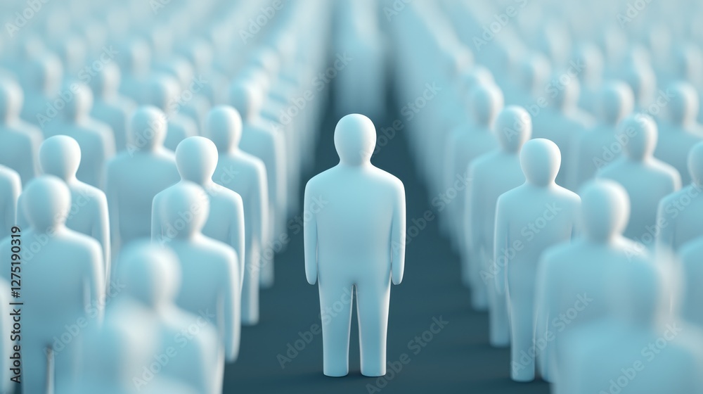 Fototapeta premium A crowd of stylized human figures, with one figure prominently standing out in the center, symbolizing individuality amidst uniformity.