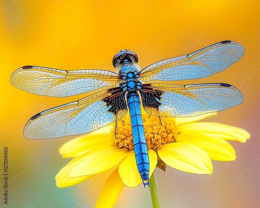 Blue dragonfly on yellow flower Blue dragonfly on yellow flower