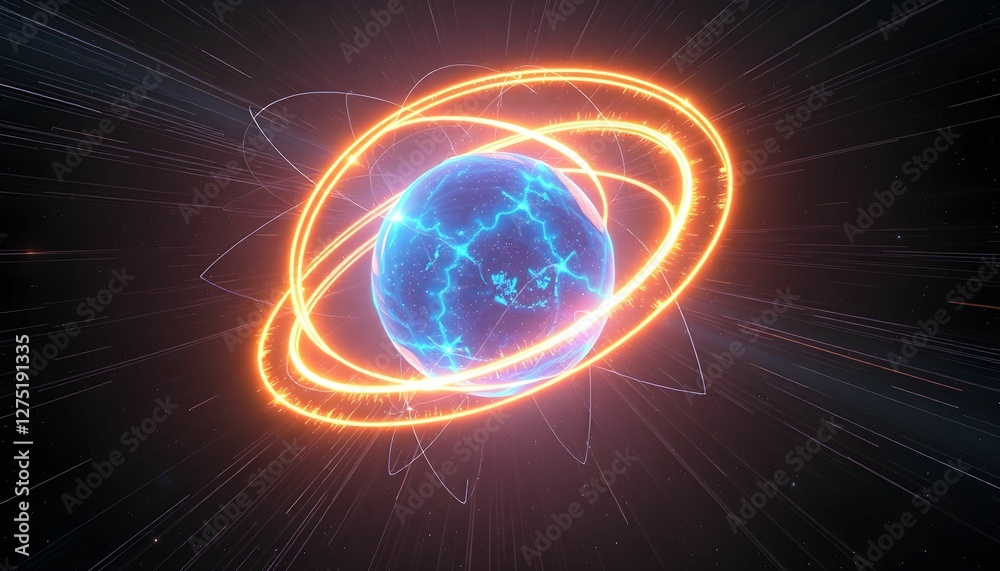 Obraz premium Glowing Sphere with Orbiting Rings in a Starry Space Scene