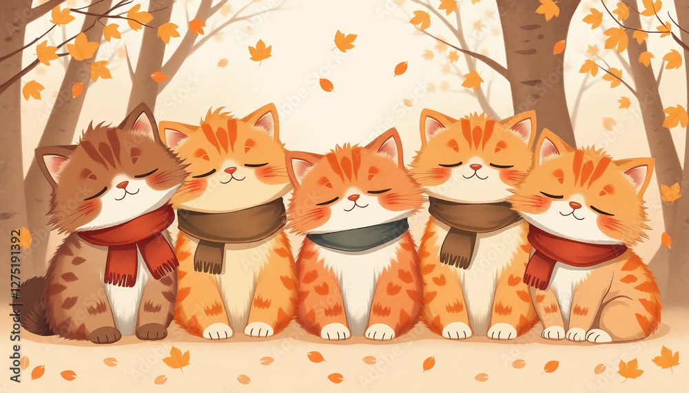 Obraz premium A cozy, warm illustration of five fluffy autumn-themed cats. Each has fur patterned like fall leaves in shades of orange, red, and brown. They wear tiny scarves and look sleepy and content