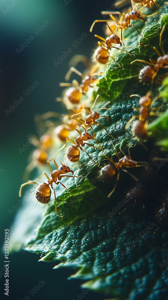 Naklejka premium Ants on leaf, close-up, nature, blurred background