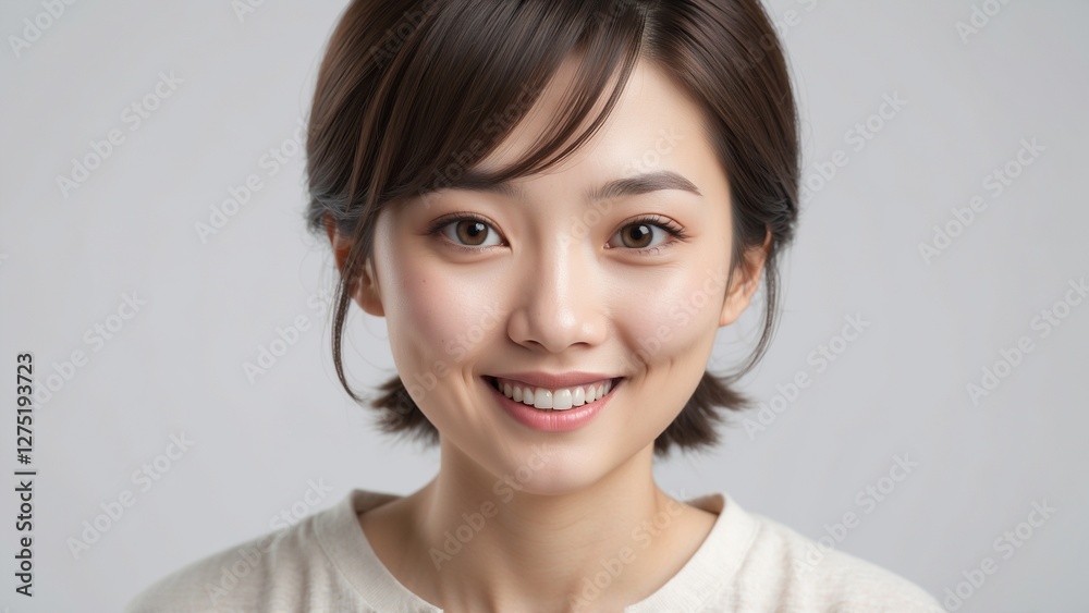 Smiling young woman with short hair against a neutral background. Smiling young woman with short hair against a neutral background.