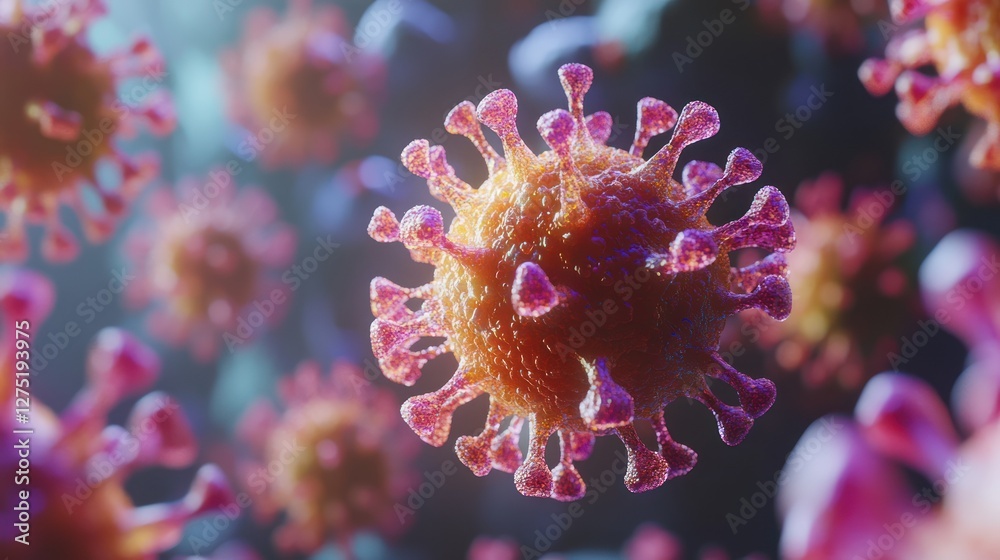 Fototapeta premium Virus microscopic view, infection, background blur, health research