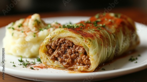A plate of stuffed cabbage rolls with ground meat and mashed potatoes, garnished with herbs.