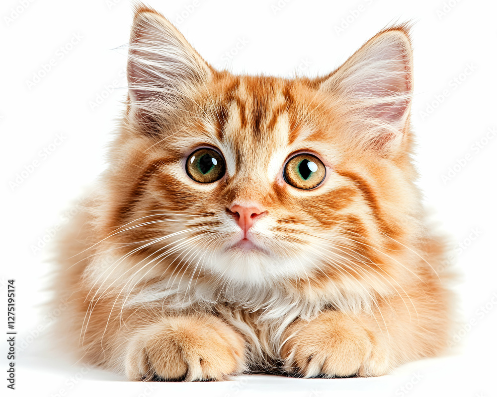 Obraz premium Fluffy ginger kitten, studio shot, white background, pet advertisement