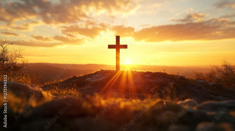 Sunset View with Cross Symbolizing Faith and Hope at Dusk Sunset View with Cross Symbolizing Faith and Hope at Dusk