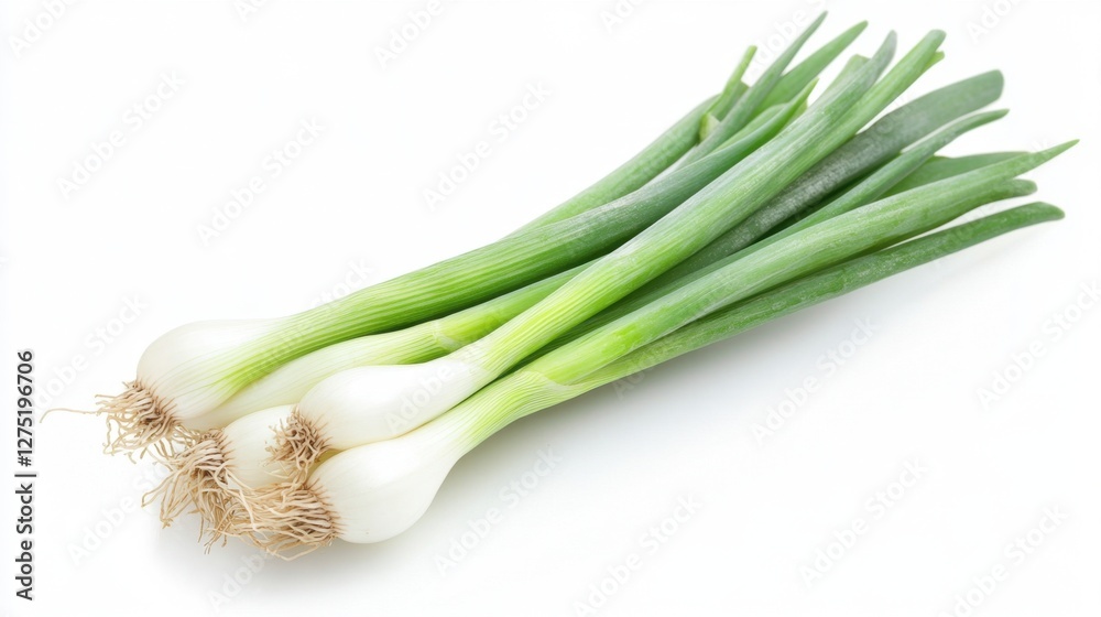 Fresh Green Onions with Long Green Tops on a White Background Fresh Green Onions with Long Green Tops on a White Background