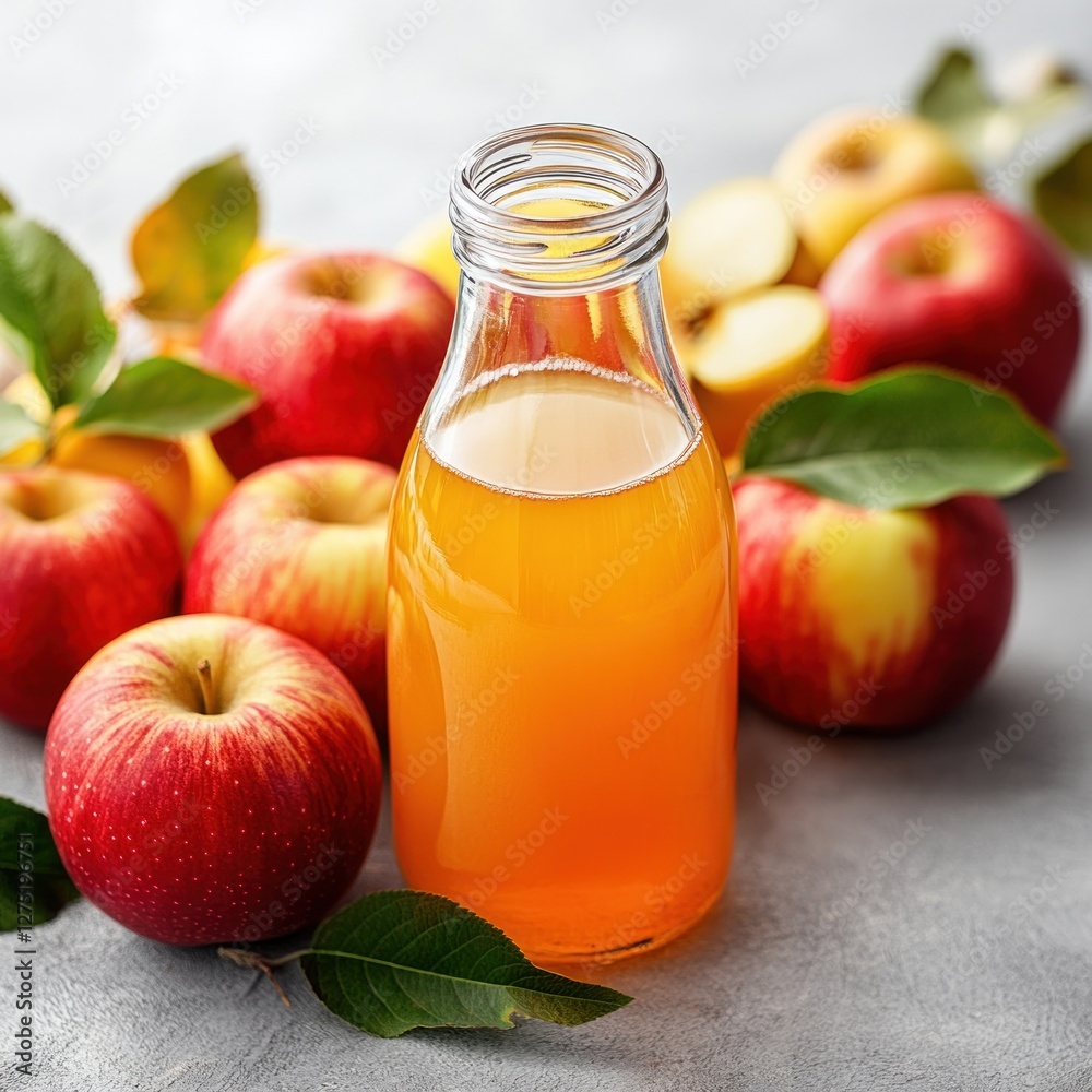 Apple Cider Bottle Surrounded by Fresh Apples Apple Cider Bottle Surrounded by Fresh Apples