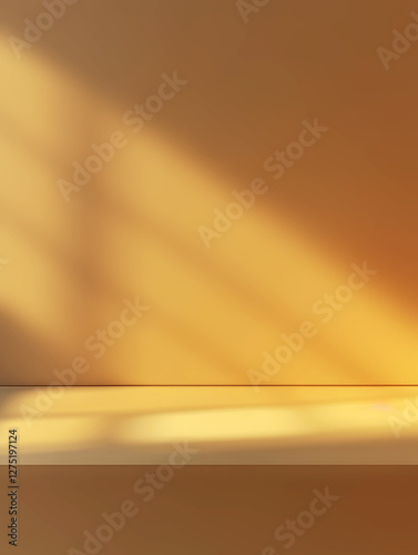 Warm sunlight casts soft shadows on smooth, golden wall, creating serene and inviting atmosphere. gentle play of light and shadow adds depth and texture to minimalist scene