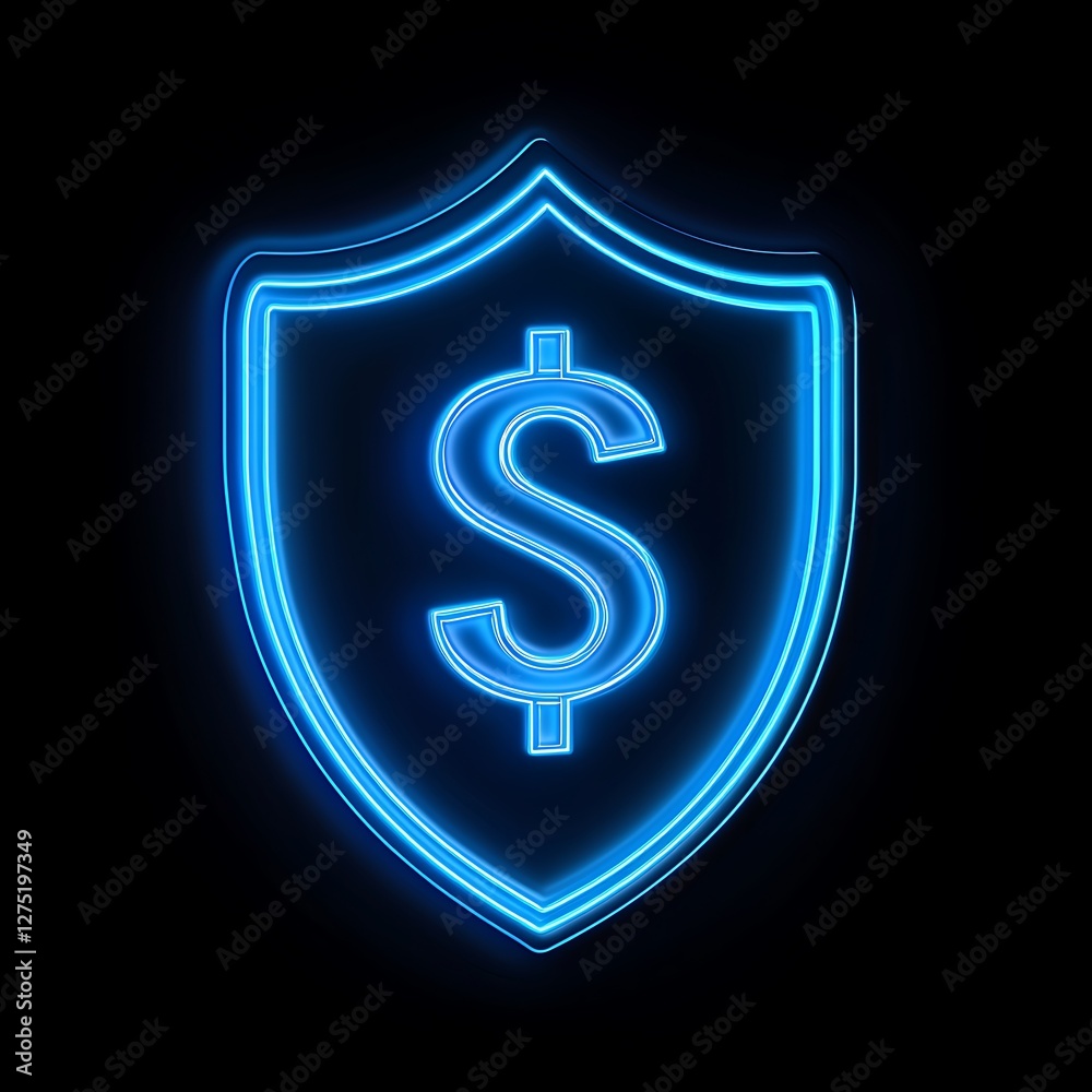 Blue neon dollar shield, dark background Blue neon dollar shield, dark background