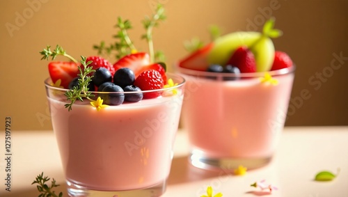 A vibrant Rooh Afza custard with fresh fruits like strawberries, blueberries, and kiwi, set in a clear parfait dish, glowing softly against a warm beige background. photo