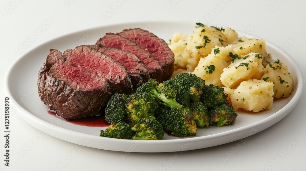 A plated meal featuring sliced beef, mashed potatoes, and broccoli. A plated meal featuring sliced beef, mashed potatoes, and broccoli.