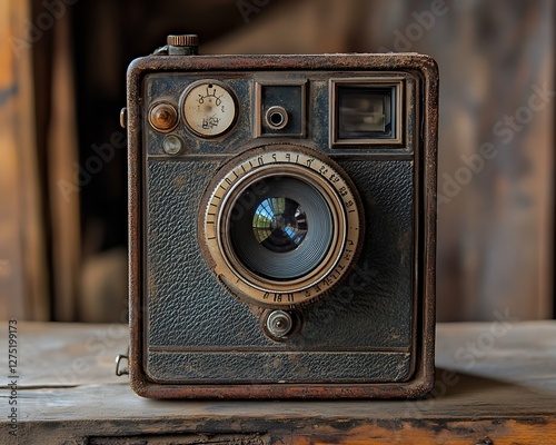 Antique camera on wooden table, rustic background