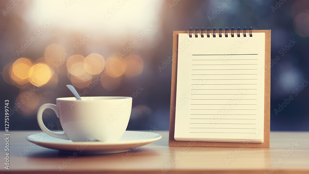 Coffee cup on a white saucer next to a blank spiral notepad on a wooden table with soft bokeh in the background, ideal for themes of productivity, planning, and time management. Coffee cup on a white saucer next to a blank spiral notepad on a wooden table with soft bokeh in the background, ideal for themes of productivity, planning, and time management.
