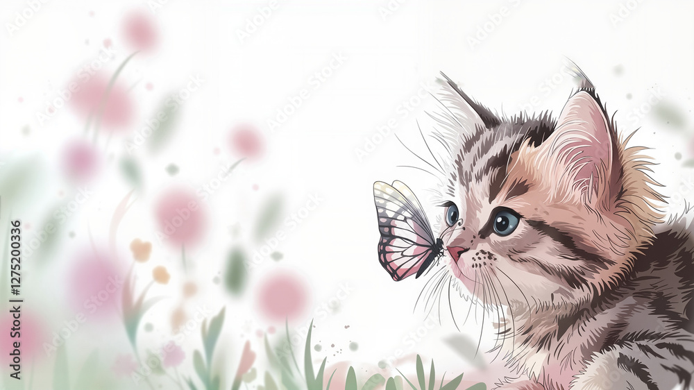 Kitten with bow tie on floral background, with space for text