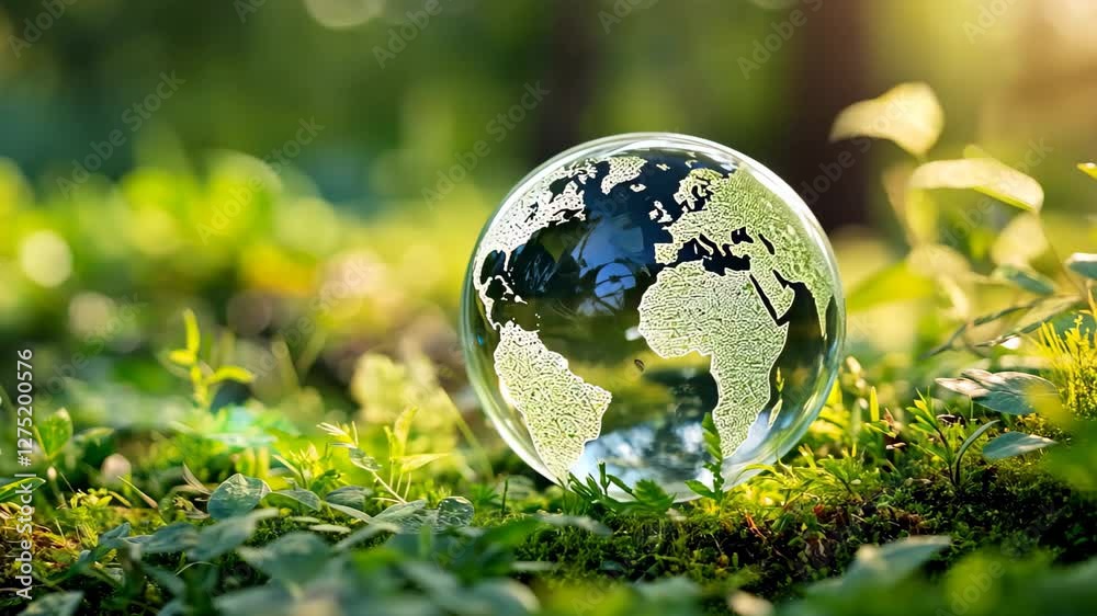 Globe resting on lush green ground symbolizes commitment to clean energy and environmental preservation, Glass globe on green nature, Green energy for clean and sustainable environment, Earth Day