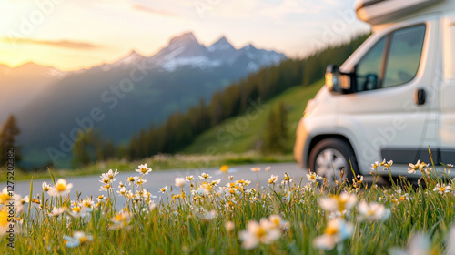 Camper van parked in scenic mountain meadow with wildflowers at sunset