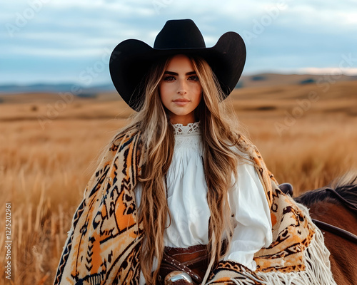 Cowgirl on horse, sunset prairie, autumnal landscape, equestrian lifestyle photography