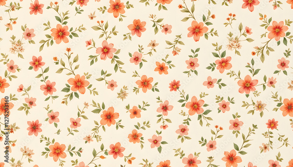 Delicate Abstract Floral Print with Orange, Pink, and Red Flowers and Leaves Delicate Abstract Floral Print with Orange, Pink, and Red Flowers and Leaves