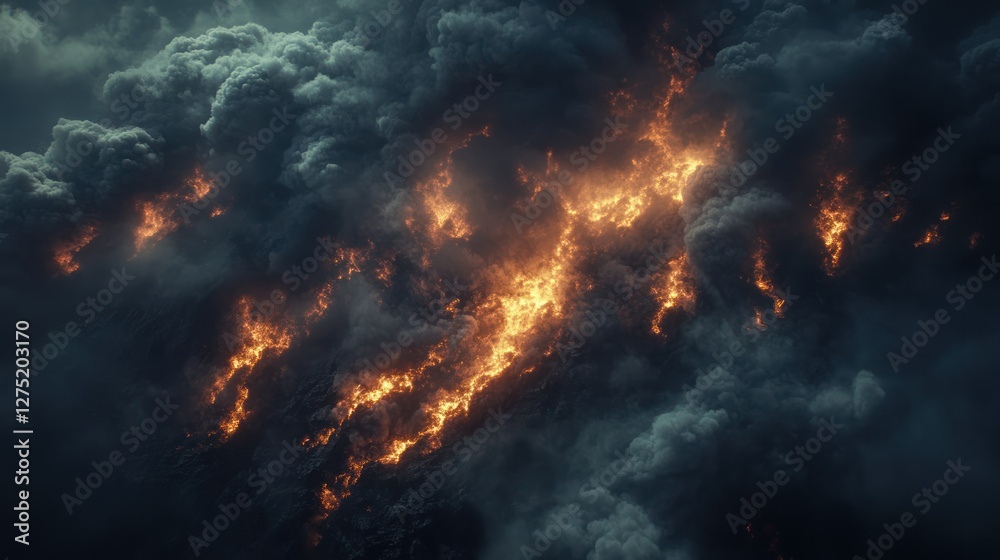 Fototapeta premium Fiery cloudscape, volcanic eruption, dark sky, dramatic texture, background