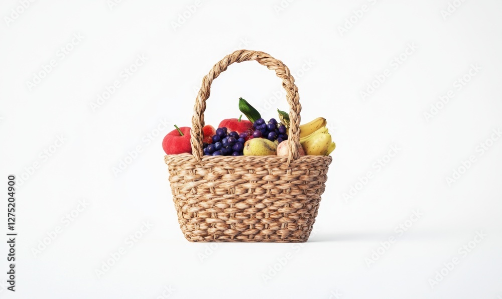 A beautifully woven basket filled with fresh fruits including apples, grapes, and bananas, set against a clean, white background, ideal for healthy lifestyle promotions A beautifully woven basket filled with fresh fruits including apples, grapes, and bananas, set against a clean, white background, ideal for healthy lifestyle promotions