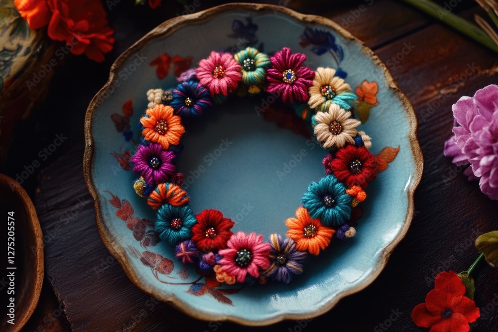 Naklejka premium Blue Plate with Floral Wreath